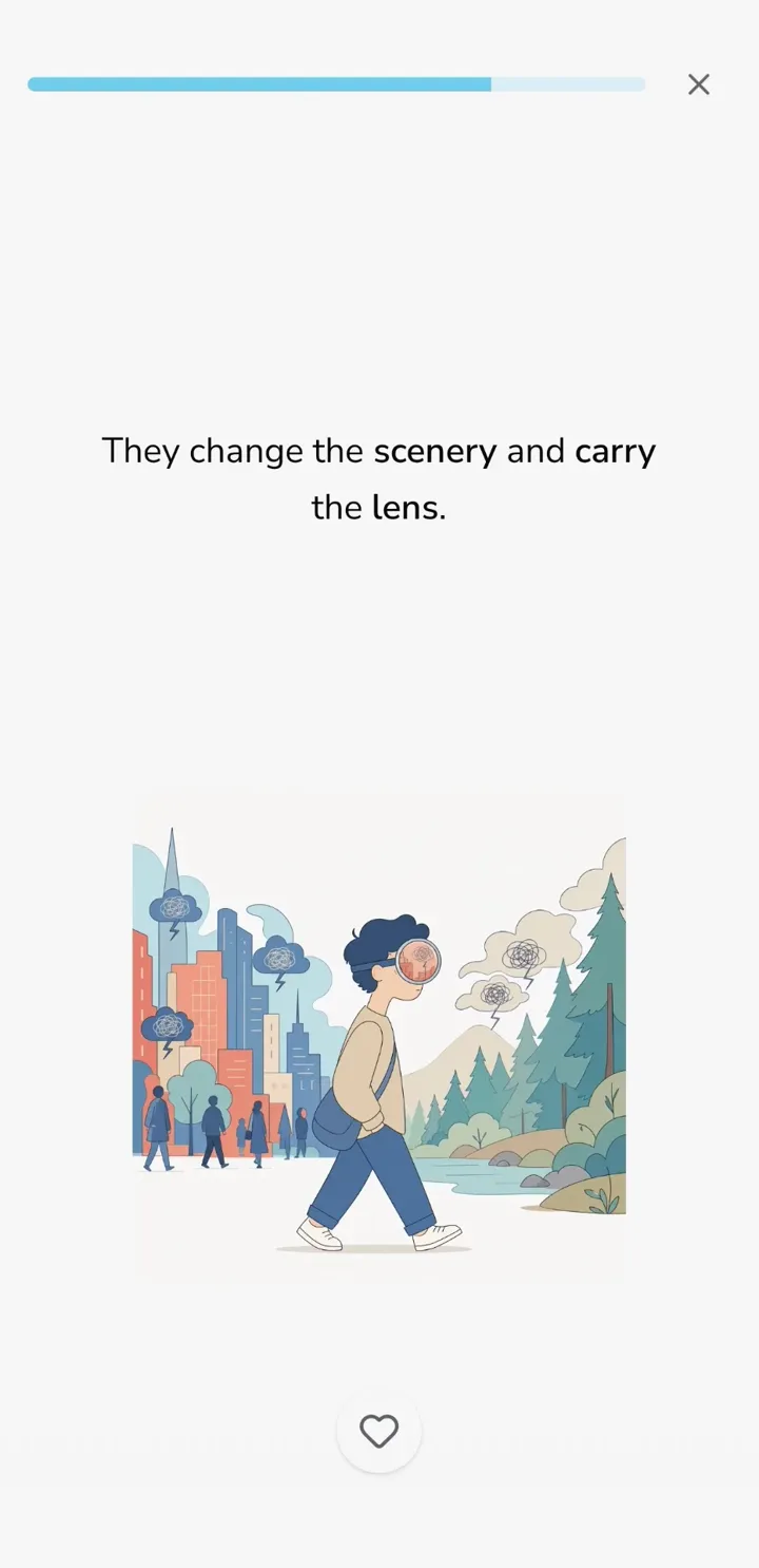 An Evulio lesson card: “They change the scenery and carry the lens”, with a person walking from a stormy city into calm nature.
