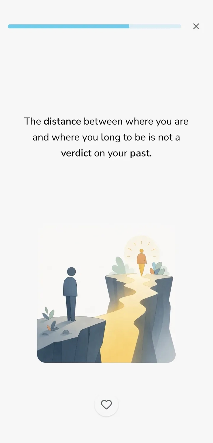 An Evulio lesson card about the distance between where you are and where you long to be, with a glowing path across a gap.